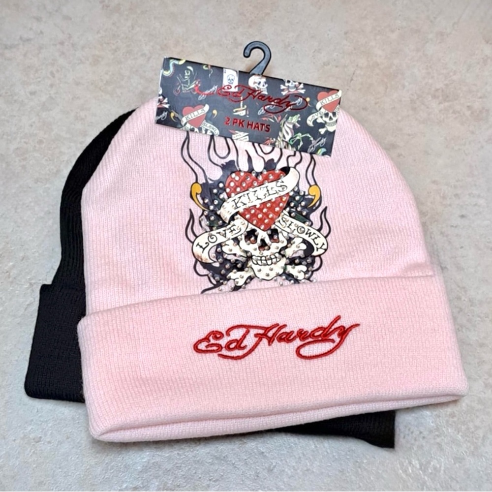 Ed Hardy Women’s Beanie Bundle Set - Pink & Black